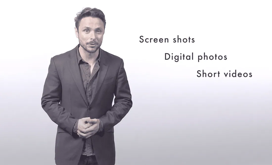 man in suit next to the words "screen shots, digital photos, and short videos"