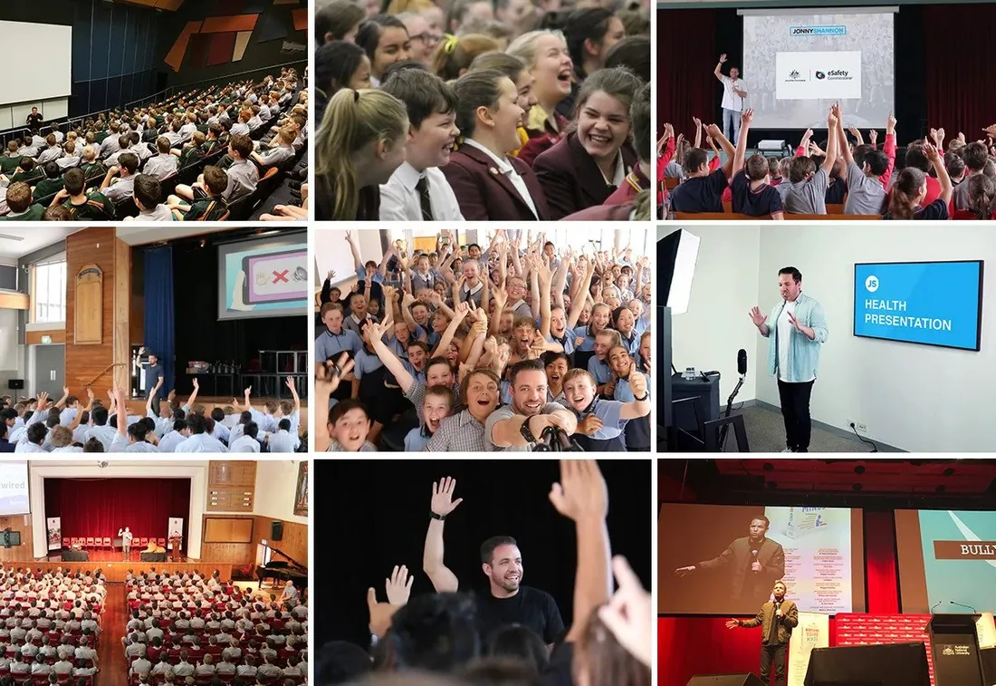 a collage of Jonny Shannon at work, speaking to students in elementary and high school