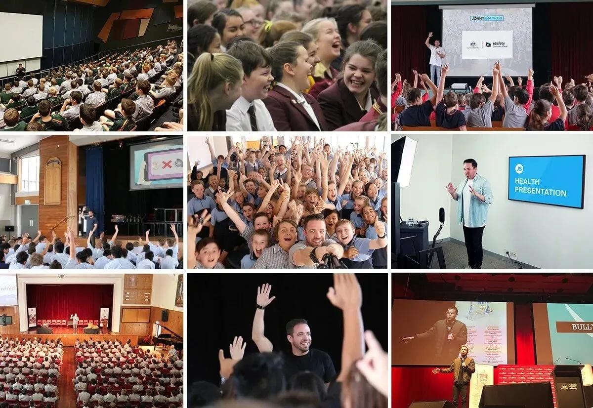 Collage of Jonny speaking at schools across Australia
