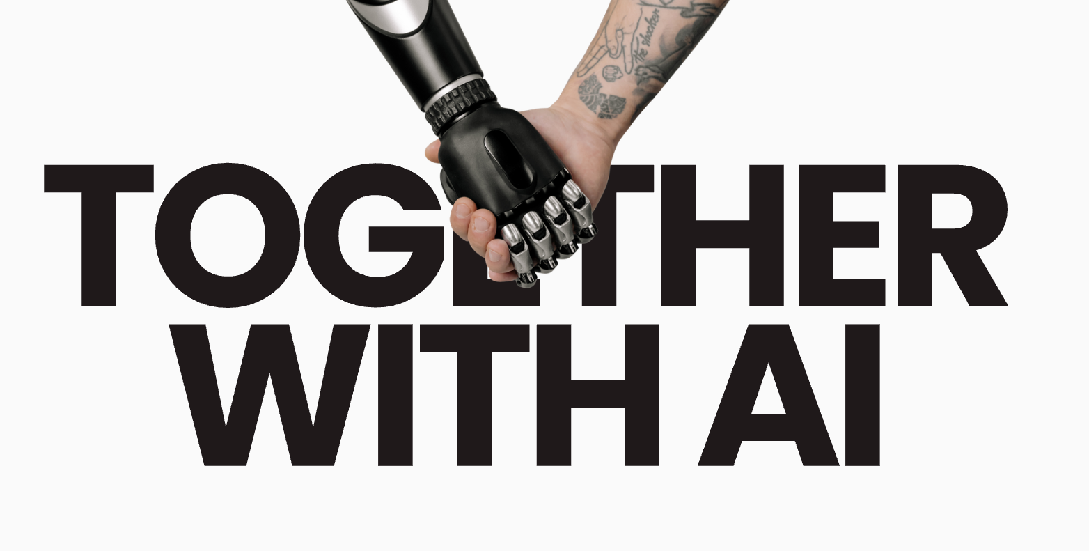 Together with AI — human and robot hand shaking